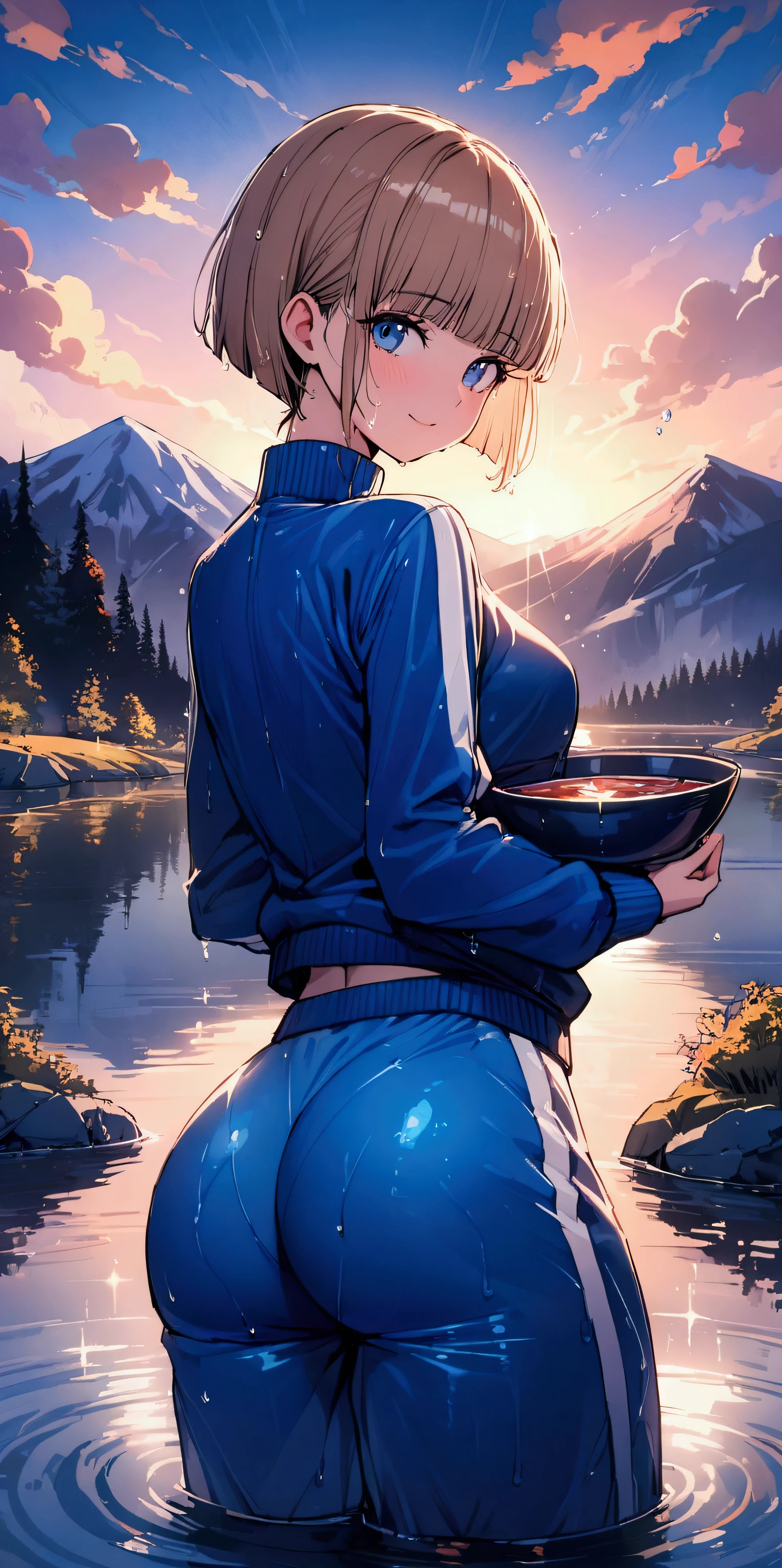 masterpiece, Highest quality, Ultra-high resolution, (beautiful girl: 1.3), (((bowl cut)))、Brown Hair,happy,Looks about 、 (Blue sweatpants:1.3), (The jacket is a blue track jacket....: 1.2), Rear View、The sunset is dazzling when you enter the waterway....、(((Wet)))、(Focus on the very big things, Round and beautifully shaped butt),Ballet,reflection in mountain lake