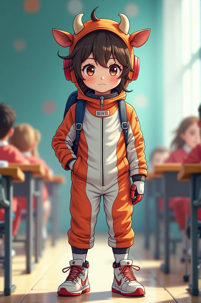 2D boy Shota,Siamese spacesuit,Put the headphones on your head,standing,goggles,horns,cow ears,sports shoes,classroom,