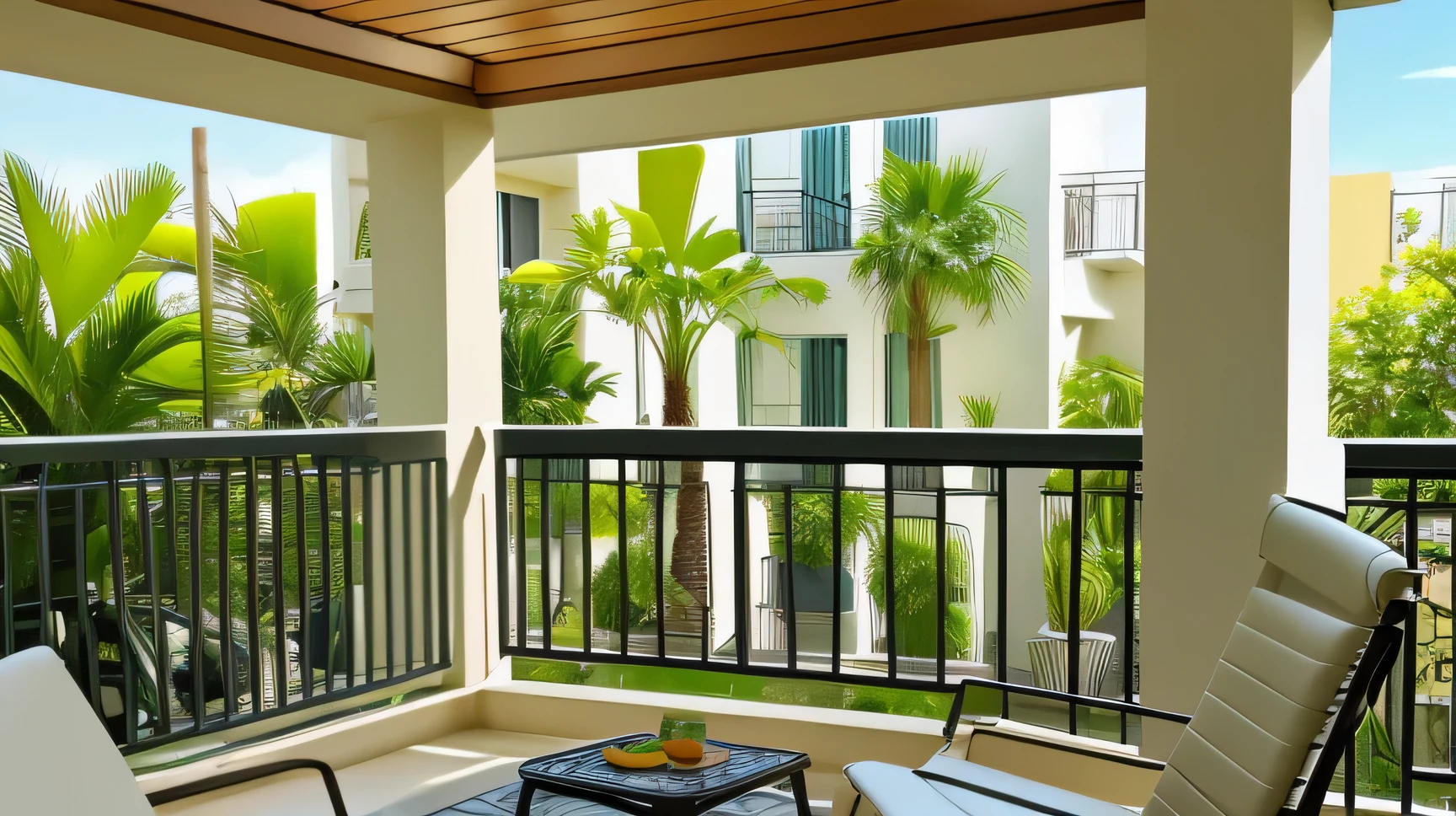 Direction from room to balcony，There is sunshine coming in，green plants hanging down，Warm and bright，There are comfortable, soft and relaxing lounge chairs on the balcony.