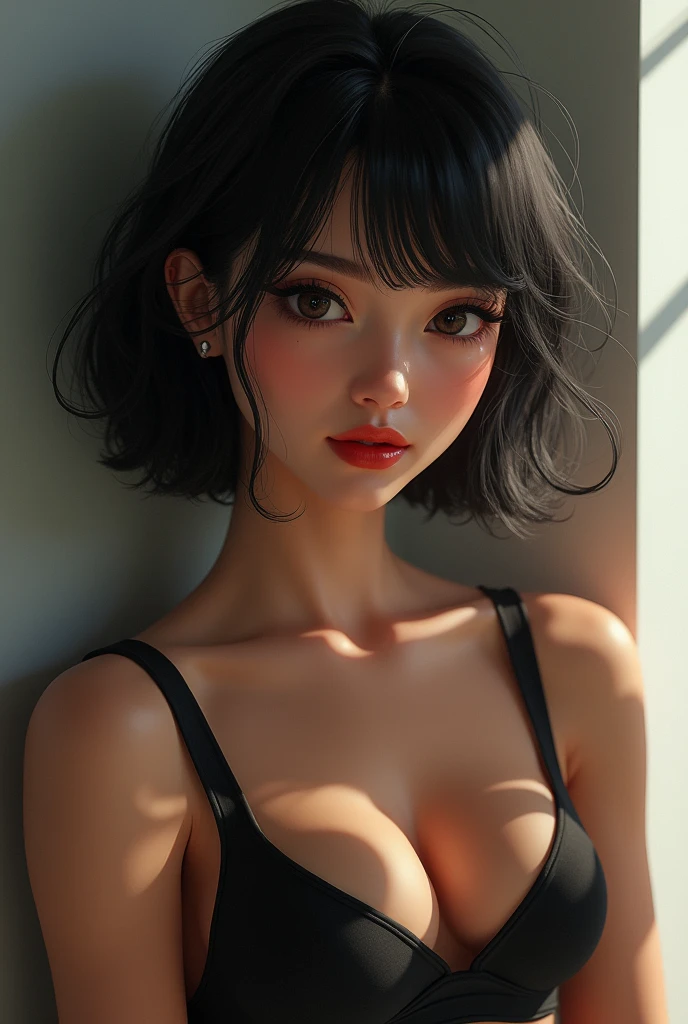 Girl with Short black hair and black eyes, full lips, sexy, sporty body