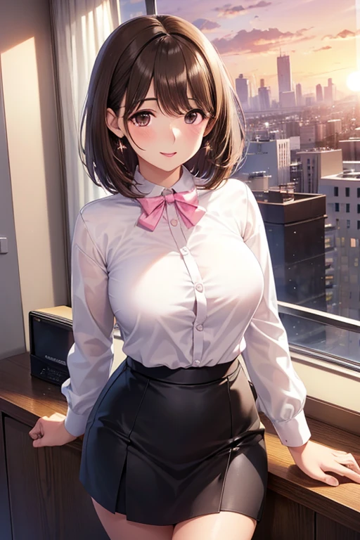 anegasaki nene、Shiny brown hair, short hair, (Beautiful brown eyes、Sparkling eyes, Fine grain)、smile、Ultra-detailed eyes、Very detailed顔, Very detailed目,
One girl, Are standing, sexy, Are standing)), alone, Mature Woman, Mature Woman, only, blush, Pink lipstick,
smile,
(Brown Hair, short hair, compensate, (Brown eyes))), ((alone, (1 Female, Pink lipstick), Very detailed, Soft indirect lighting, 4K, Perfect Eyes, Perfect Face, Perfect lighting, a One girl)), severe,
((officelady, Black suit, Black tight skirt, White blouse, office, work, Beautiful woman, Staring at the audience, Look at this, High resolution, Highest quality, whole body, animation, (Anime Style), office, Penthouse, Executive Room, Large windows, Landscape of a big city, sunset, cloud))