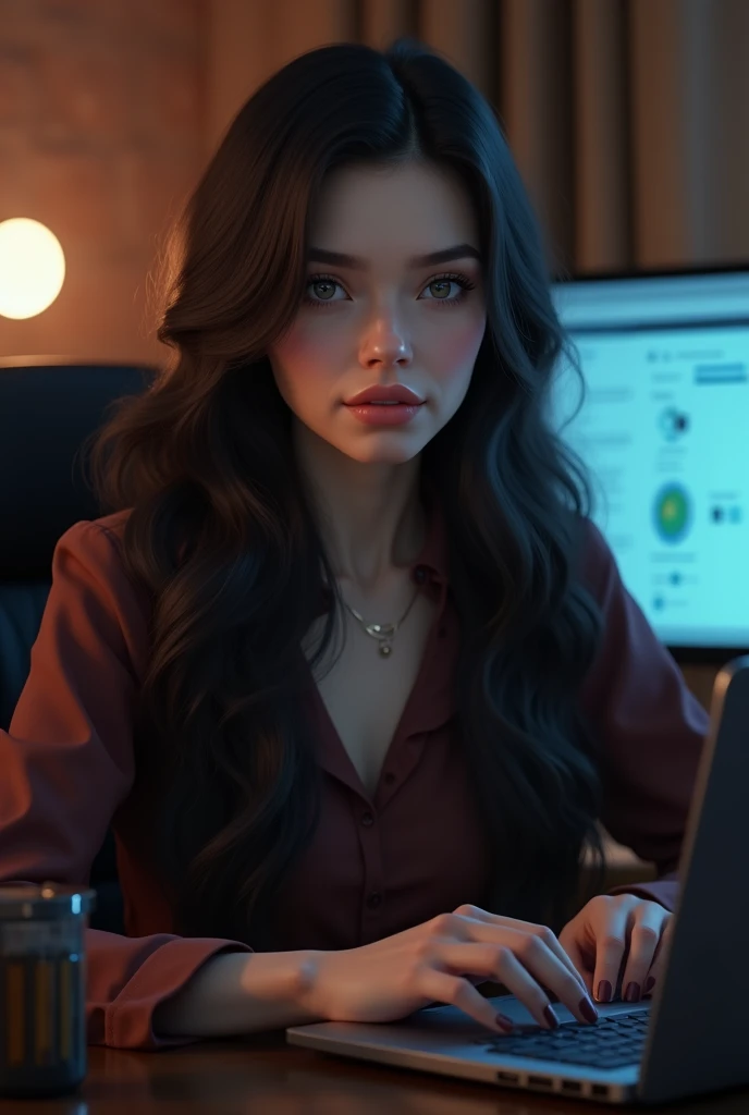 beautiful girl with long dark hair, Detailed eyes, nose, and lips, noseить профессиональную одежду, Sitting in my office, with your computer, компьютер hp (Best quality,4K,8 K,a high resolution,masterpiece:1.2),ultra-detailed,(realists,photorealists,photo-realists:1.37),HDR,studio lighting,very detailed face and body, portrait,cinematic lighting,dramatic lighting,warm colors,Dramatic colors