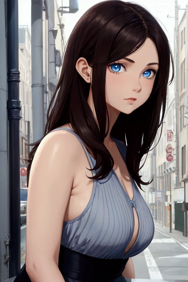 animated: blue eyes, dark brown- medium length hair, young woman, slightly curvy, small breasts, melancholischer & Natural background