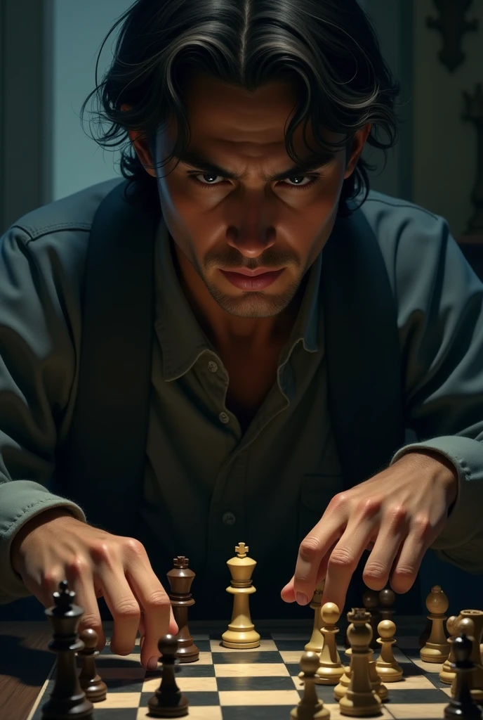 Can you create a profile picture for me where a chess player is trying to think about how to play chess in the real life of his life and in his thoughts?