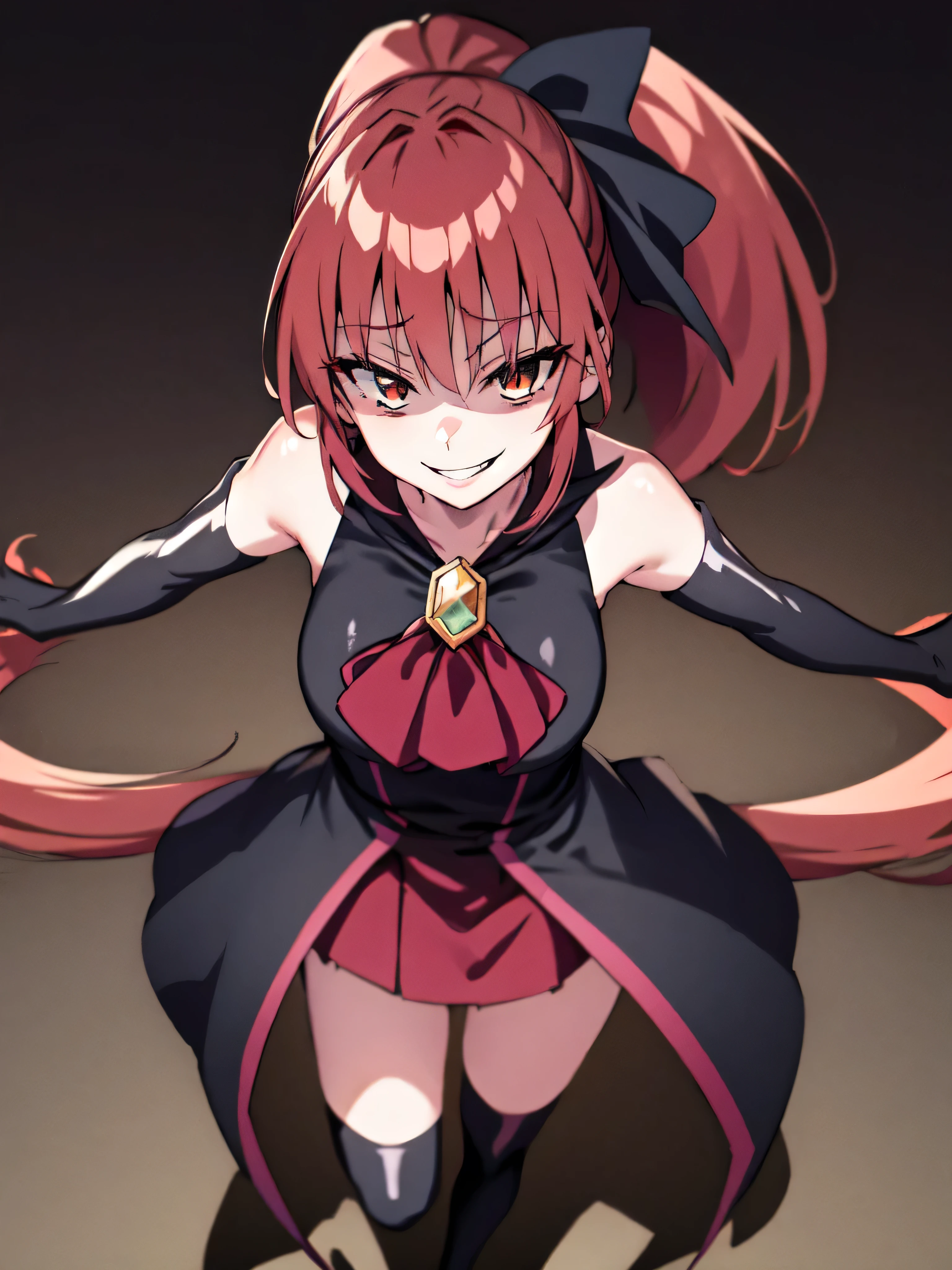 Highest quality, masterpiece, One Girl,Not beautiful, Red Ponytail, Long dress, brooch, Hair Ribbon, Black knee socks, Standing on the rubble, (Wicked Smile:1.1), ,,Dark shadowed face,Sadistic smile,Malice,Contempt,smile,latex,Bad face,,Red Skirt,two hands,Two legs,five fingers,evil background,elbow gloves,Shiny latex, Wicked Smile, devilish aura (Shiny fabric:1.5),Dark world background,solo,