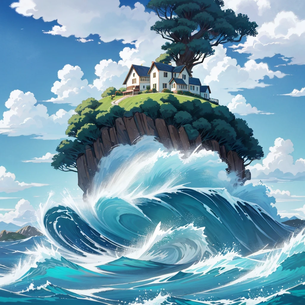 Thick and big clouds, a house on top of a mountain in the middle of the sea, raging waves, blue sky, bright and shiny sea, swallows, bright sun