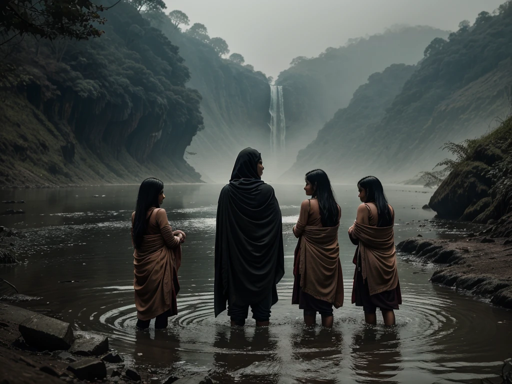 "A book cover design for a Marathi novel titled 'बाळगीळी' by author आकाश रेवले. The cover should depict a surreal and haunting scene featuring a dark, mysterious river under a night sky. The river has an eerie, almost otherworldly appearance, with shadowy figures of women standing along its banks. These figures are holding small, swaddled infants, facing away from the viewer, adding an element of mystery and unease. The water appears dark, with a subtle hint of red as it flows down a steep waterfall. The overall atmosphere should be ominous and dream-like, with dark tones and muted colors. The title 'बाळगीळी' should be prominently displayed in bold, traditional Marathi script, with the author's name, आकाश रेवले, placed below in a smaller, complementary font."