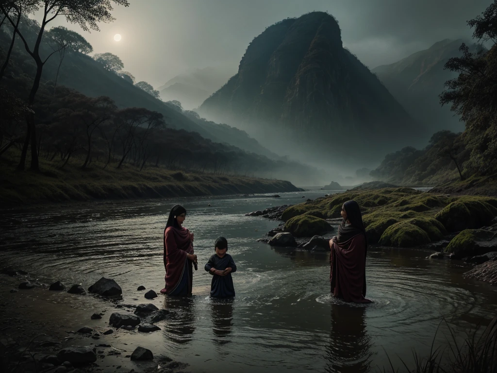 a Javanese grandfather peeks at a beautiful naked Javanese girl bathing in a clear and fast river, you can see beautiful mountains and beautiful roads, realistic, cinematic, high resolution