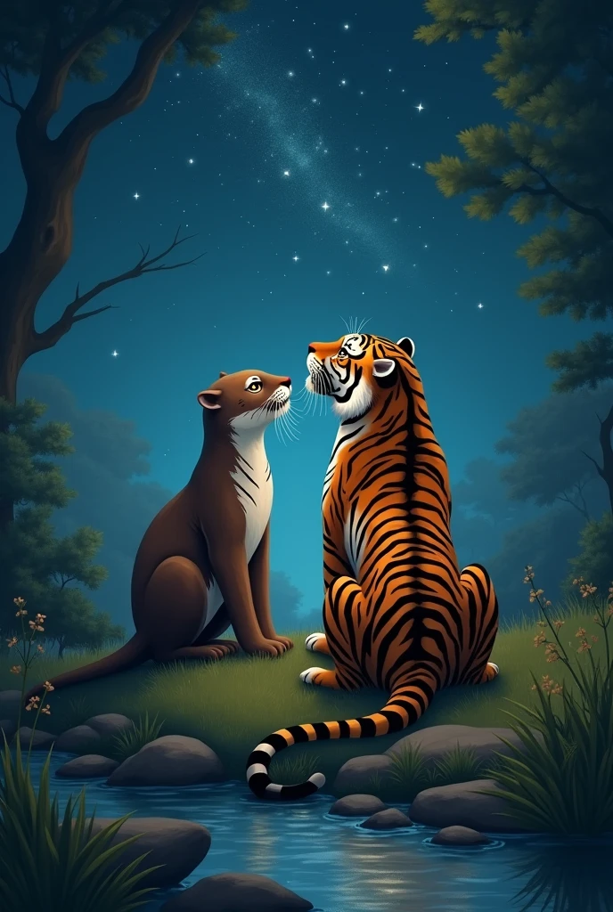 otter and tiger sitting together watching stars