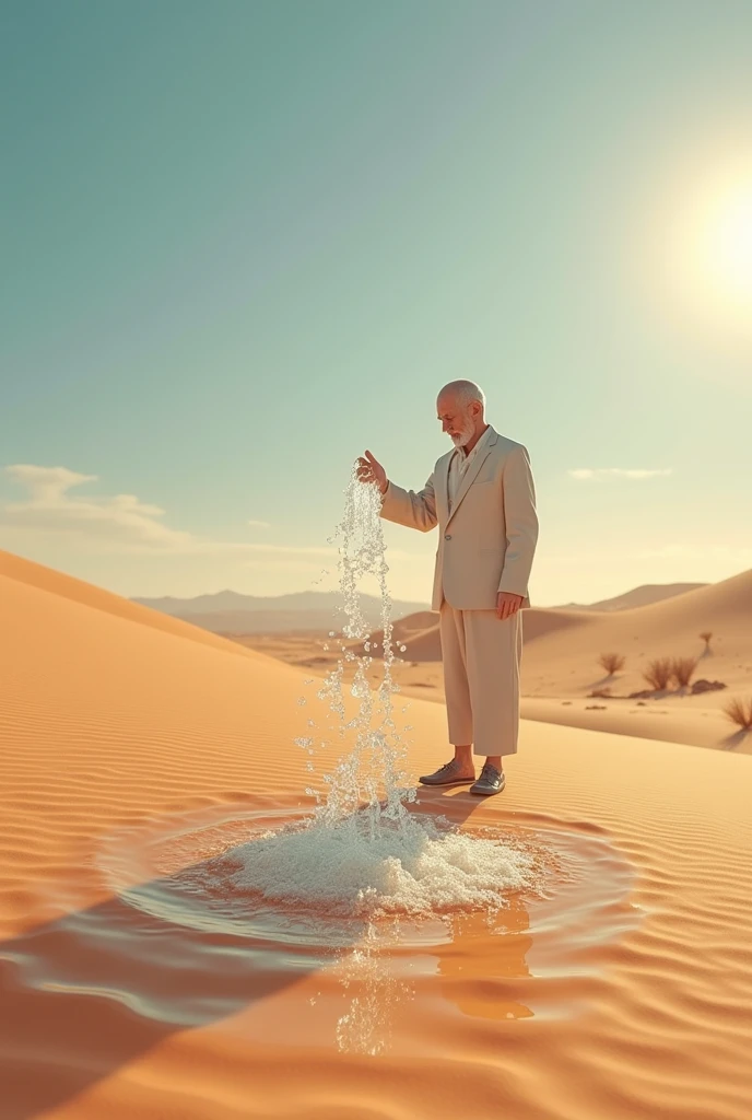 create a 3d ultra high resolution image.
Show a dry dessert with a person who needs water