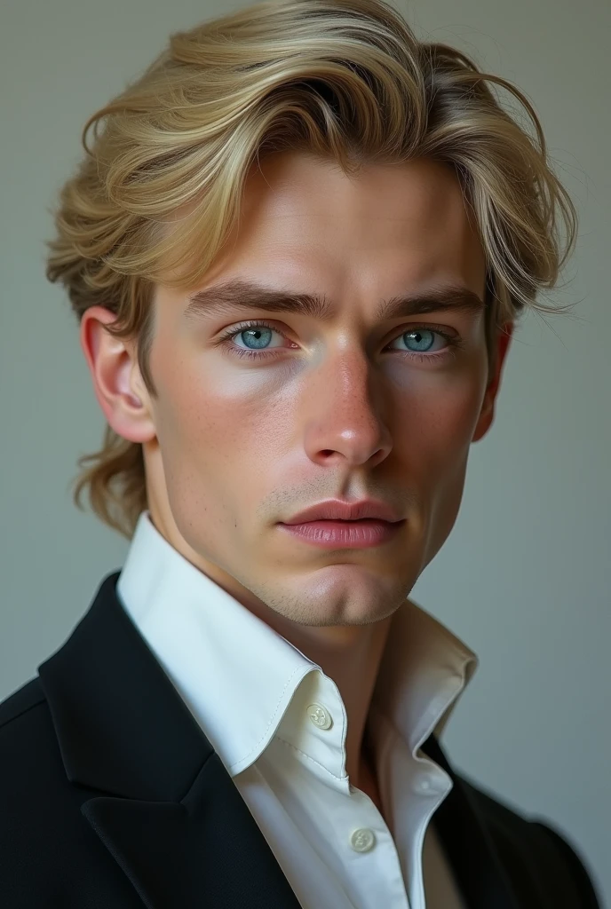 blonde men with blue eyes, white skin, upturned nose and cold look.