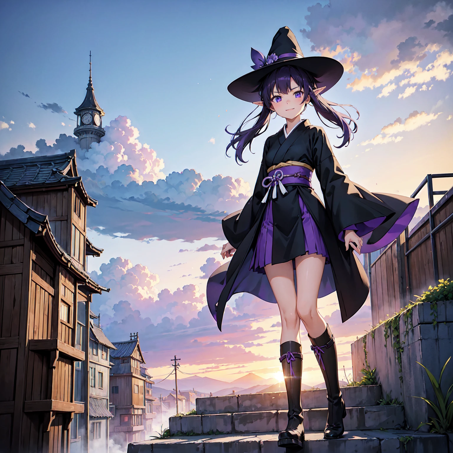 A girl with long violet-purple hair. A gentle, full smile. Pointy elf ears. Her clothes are simple: a black robe with wide sleeves and a black miniskirt. Her knees are showing. The front has a V-shaped white insert like a kimono. A witch's hat with purple ribbons on either side. Gentle face. Black boots. Background, bright painting, Makoto Shinkai, endless stairs only, floating long stairs, floating stairs in the air, stairs above clouds, illustration, nostalgic, vivid, above clouds, bright, fresh, sunset. A maze of connected stairs.