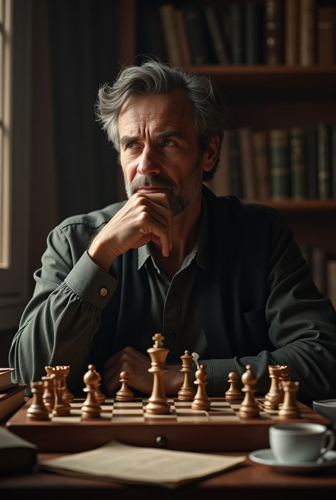 Can you create a profile picture for me where a chess player is sitting thinking about life?
