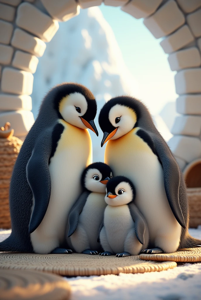 Mother and father penguin sitting with their two children in the living room of their igloo