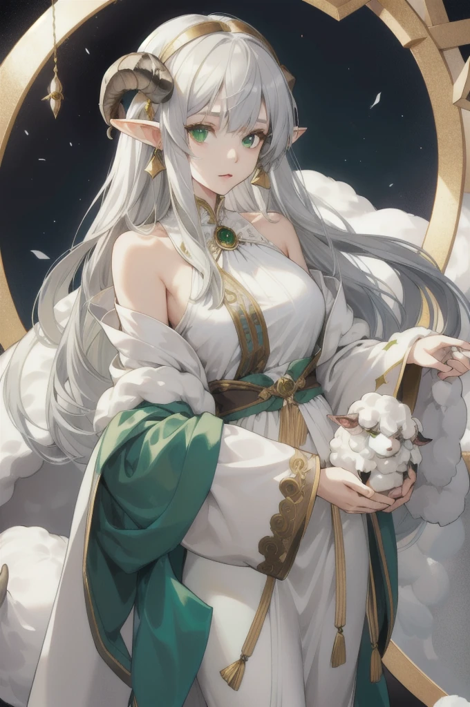 whole body、Gray Hair,One girl, High resolution, Long Hair, Elf、Green Eyes、Hime cut, Gaze, Character portrait, Wide-angle shot, Goddess-style white outfit、Sheep-wrapped horn、Gold Accessories、Droopy eyes