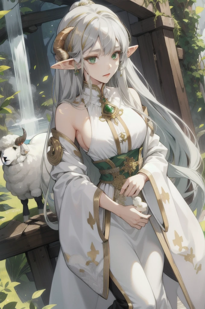 Masterpiece, best quality, (very detailed CG unified 8k wallpaper), (best quality), (best illustration), (best shadow), close-up of a beauty with white hair and white mask, beautiful figure painting, Guvitz, Guwiz style artwork, white-haired god, Yang J, epic exquisite character art, amazing character art, Fan Qi, Wu Zhun Shifan, Guwiz in pixiv art station, glowing elf, with a glowing deer, drinking water in the pool, Natural elements in forest theme. Mysterious forest, beautiful forest, nature, surrounded by flowers, delicate leaves and branches surrounded by fireflies (natural elements), (jungle theme), (leaves), (branches), (fireflies), (particle effects) and other 3D, Octane rendering, ray tracing, super detailed