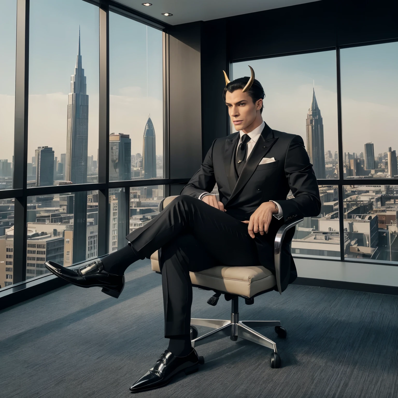 full body view, realistic photo, sleek corporate board room, one arrogant devilishly handsome dapper warlock with square jawline, prominent cheekbones, luscious lips, silver demon horns, in dapper suit, tie, fine elegant shoes, fine black socks, wonderful golden rings, is sitting, large windows with urban skyline, large view
