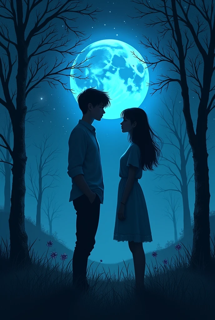 1 girl, 1 boy, face to face, Men are tall, women are short, women straight hair, Women's hair is not too long, men and women standing close together, casual clothes , poised posture, natural skin, standing on the grass
BREAK
Blue moon night, (rim lighting):1.2, cold tones, Moonlight and lots of stars in the sky, soft shadows, dark colors , Sharp effect, horror atmosphere, dark blue effect, the sky galaxy
BREAK
open nature, many tall dry tree, quiet nature, Moonlit nature, peaceful ambiance, ultra detailed, official art, unity 8k wallpaper
, zentangle, mandala