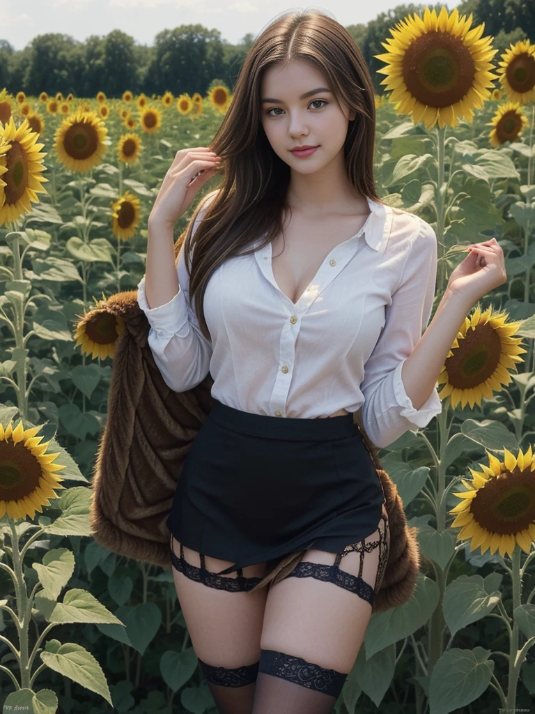 wooden plaque in hands with label "fuck me", a beautiful girl, a field of sunflowers, beautiful pioneer girl, sexy, stockings, skirt, (furry:1.3)