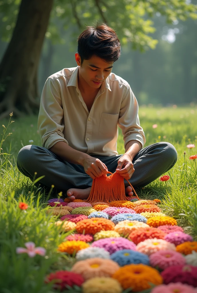 A young man sitting on the ground with knitting needles and thread in his hands weaving a part of the flowery road he will walk along .