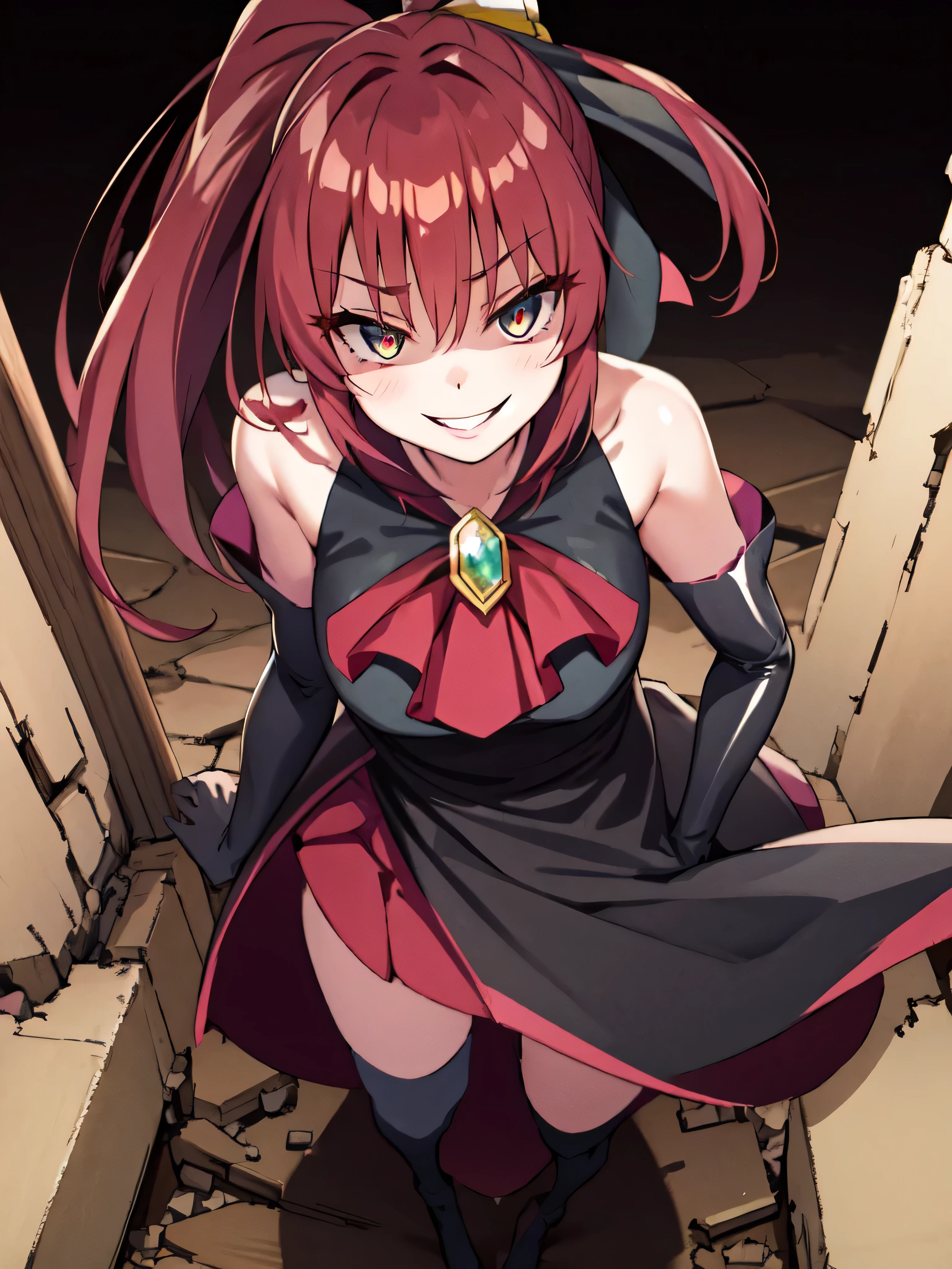 Highest quality, masterpiece, One Girl,Not beautiful, Red Ponytail, Long dress, brooch, Hair Ribbon, Black knee socks, Standing on the rubble, (Wicked Smile:1.1), ,,Dark shadowed face,Sadistic smile,Malice,Contempt,smile,latex,Bad face,,Red Skirt,two hands,Two legs,five fingers,evil background,elbow gloves,Shiny latex, Wicked Smile, devilish aura (Shiny fabric:1.5),Dark world background,solo,