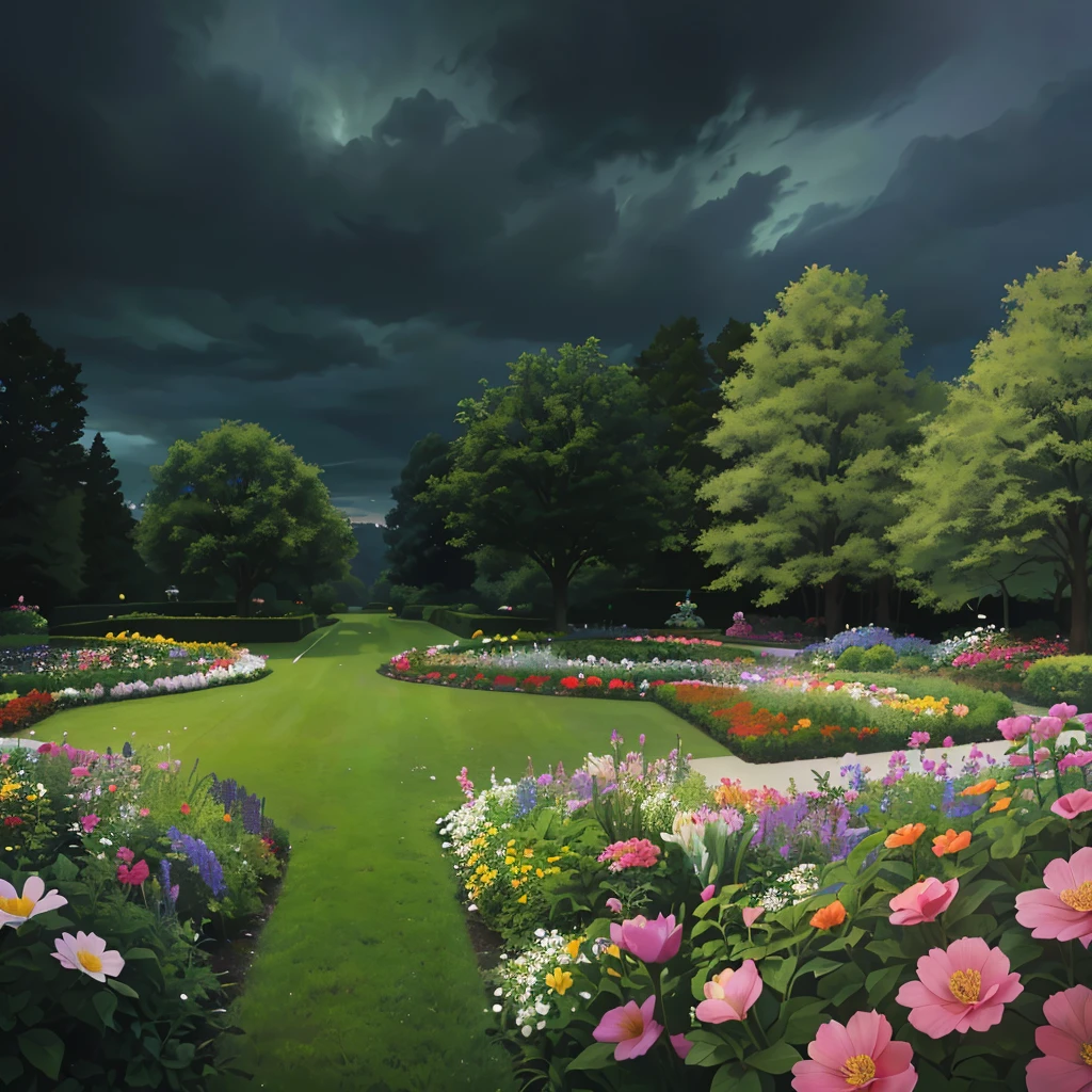 aerial view of a garden with a dark sky in the background, beautiful garden of eden, well-tended Garden of Eden, garden background, very surreal garden, royal garden background, beautiful garden, park background, flowers garden, royal garden landscape, flowers garden, parks and gardens, garden landscape, lush garden in the background, garden with flowers, City Park with Flowers