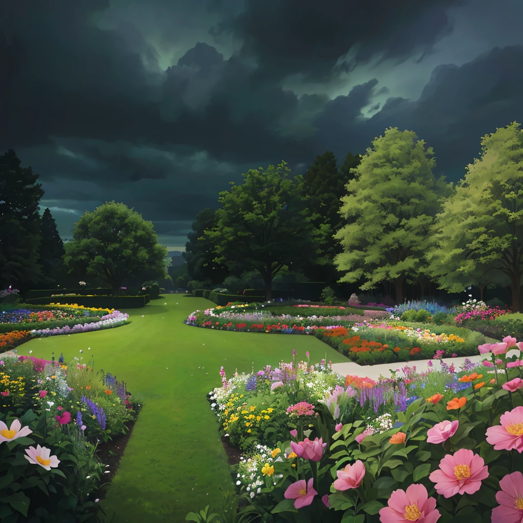 aerial view of a garden with a dark sky in the background, beautiful garden of eden, well-tended Garden of Eden, garden background, very surreal garden, royal garden background, beautiful garden, park background, flowers garden, royal garden landscape, flowers garden, parks and gardens, garden landscape, lush garden in the background, garden with flowers, City Park with Flowers