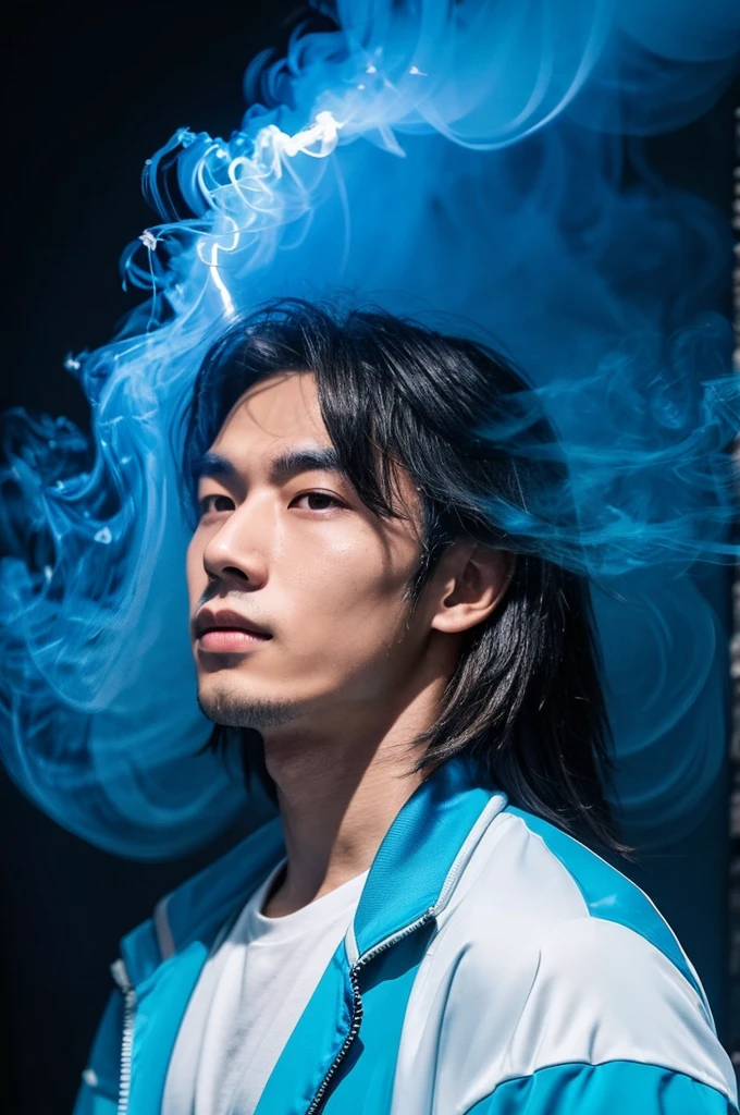 Mysterious charming image
skinny asian man with long hair 18 years old surrounded by thick electric smoke. The smoke is blue with white lightning strikes, translucent and billowing, creating an eerie and enchanting atmosphere. The man has an alluring gaze and wears a blue Adidas jacket. shimmering with mysterious energy. The backdrop is a dark void, with thick, electric smoke creating a sense of intrigue and otherworldly clarity. very detail