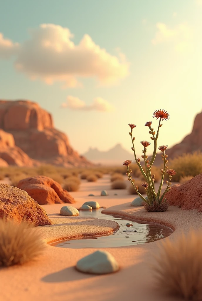 Create a 3d ultra high resolution image.
Show a dry dessert with plants who needs water