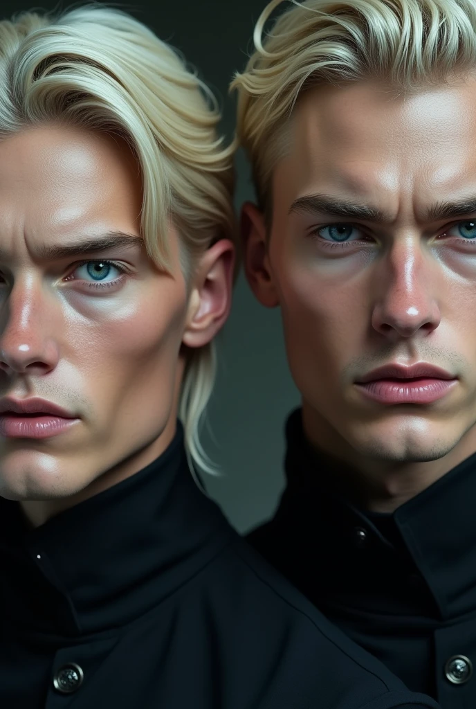 blonde men with blue eyes, white skin, upturned nose and cold look.