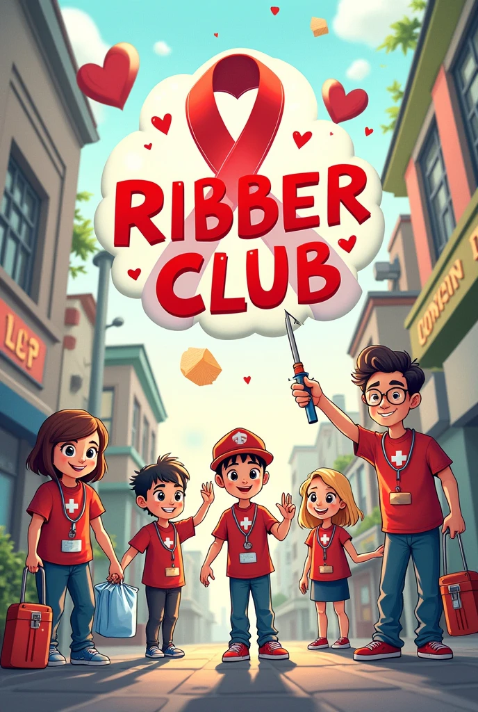 Poster about red ribbon club activities, with blood donation, rescue works, cleaning, cartoon,no text 