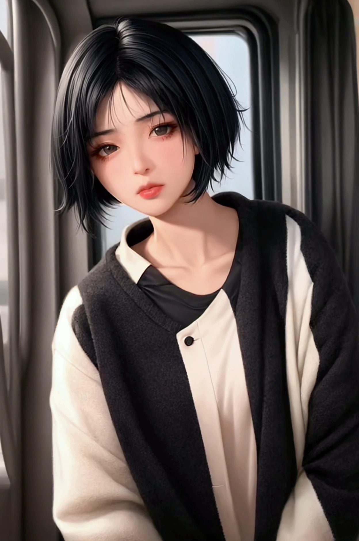 Girl with Short black hair and black eyes, full lips, sexy, sporty body