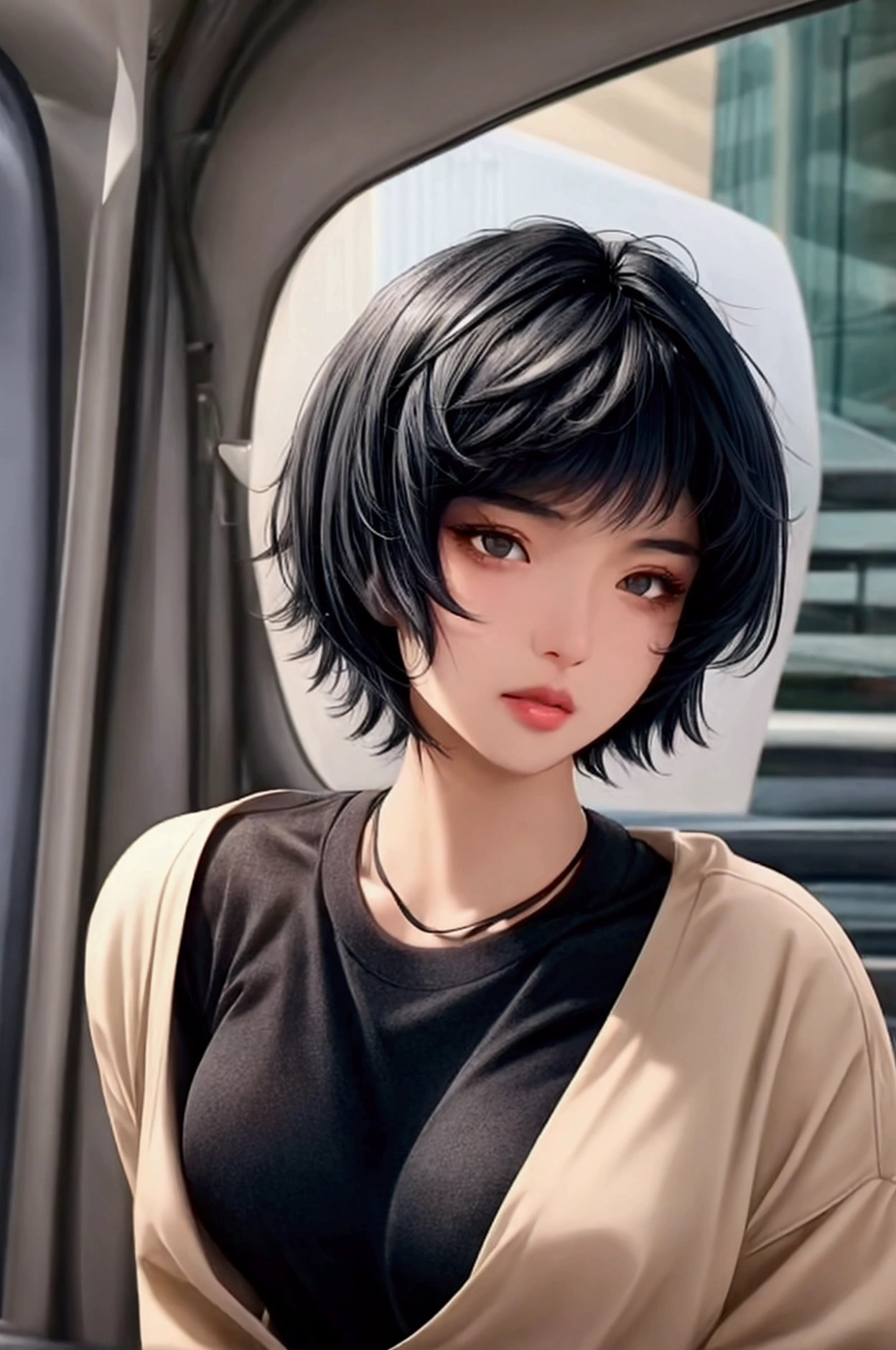 (Textured pixie cut),
(character on front), outdoors, dark hair, dark eyes, lady,
masterpiece, best quality, looking at viewer,