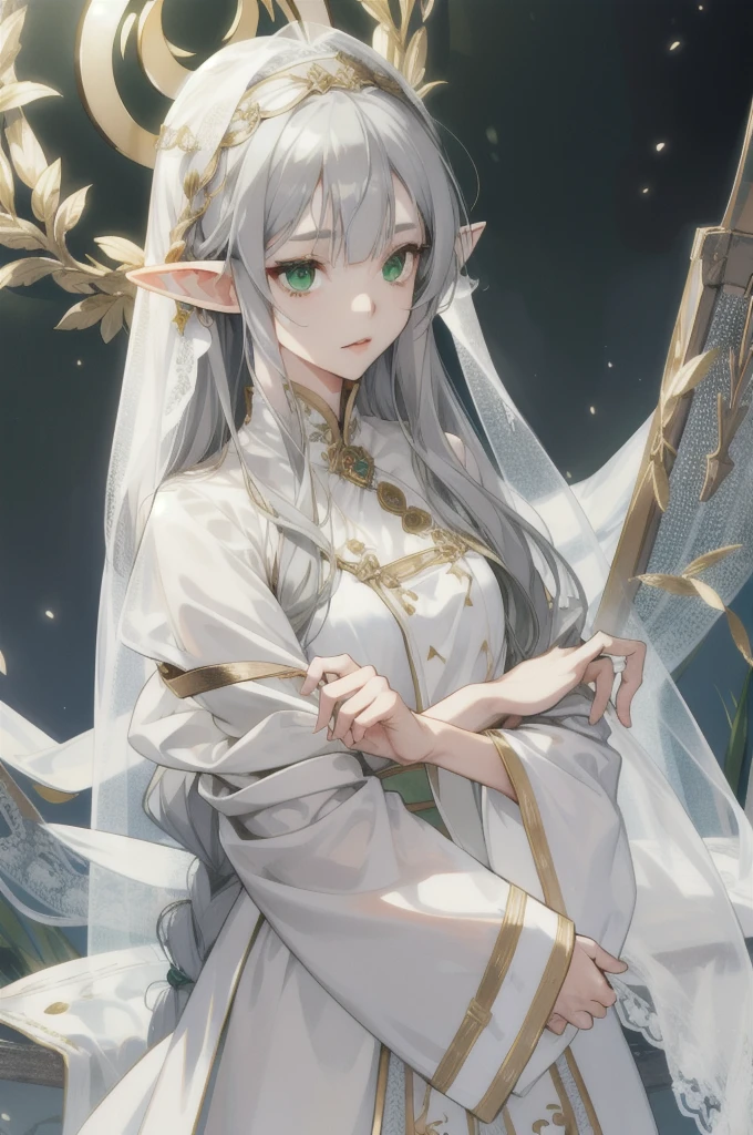 whole body、Gray Hair,One girl, High resolution, Long Hair, Elf、Green Eyes、Hime cut, Gaze, Character portrait, Wide-angle shot, Goddess-style white outfit、Gold Accessories、Droopy eyes、A white veil hiding the eyes