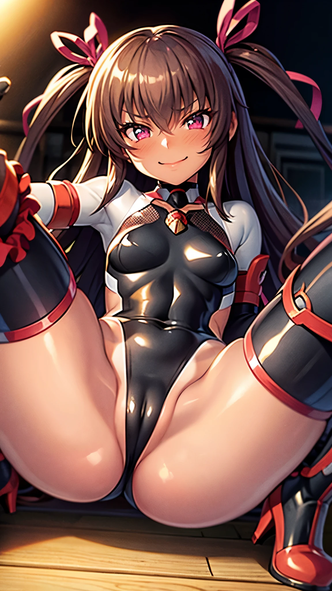 Highest quality, masterpiece (Confused:1.0), Portraiture,
Looking at the audience, (blush:1.2), smile,High resolution, 8k, 4K,masterpiece,Highest quality, Familiar, Double Peace, Annoyed face,flat ,skinny,Squat,Spread your legs ,throw,Heavy breathing,
mizuki yukikaze, Hair Ribbon, Fingerless gloves, Frilled leotard, Black leotard, Thigh-high boots, taimanin suit, One Piece Tan, Time is night,ass pov,whole body,mesugaki,