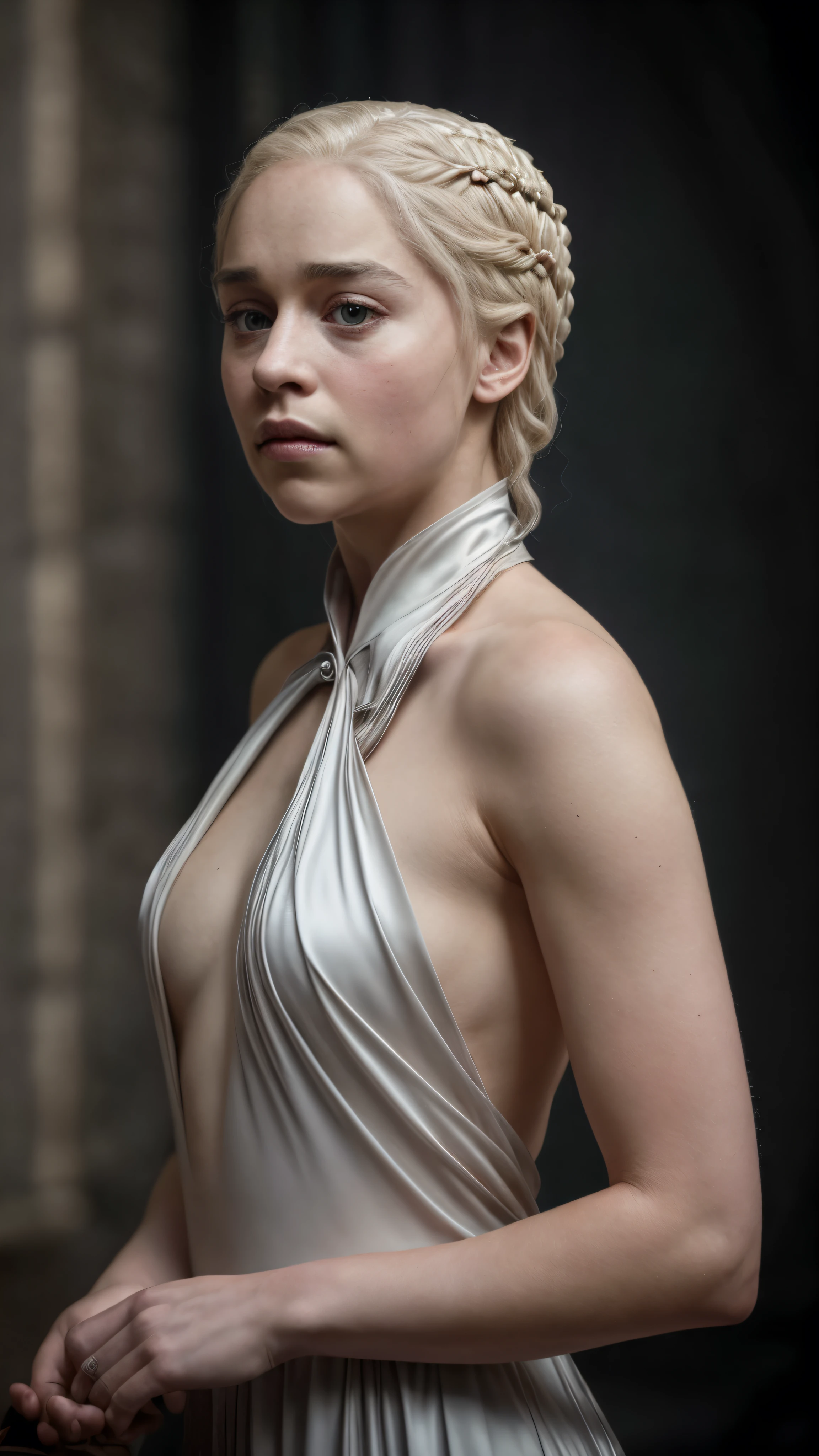 masterpiece, stunning portrait photo of khls woman, sleeveless, erotic costumes, sensual satin dress, game of thrones inspired costumes, compelling, cinematic, game of thrones like atmosphere and colour grading, 
  