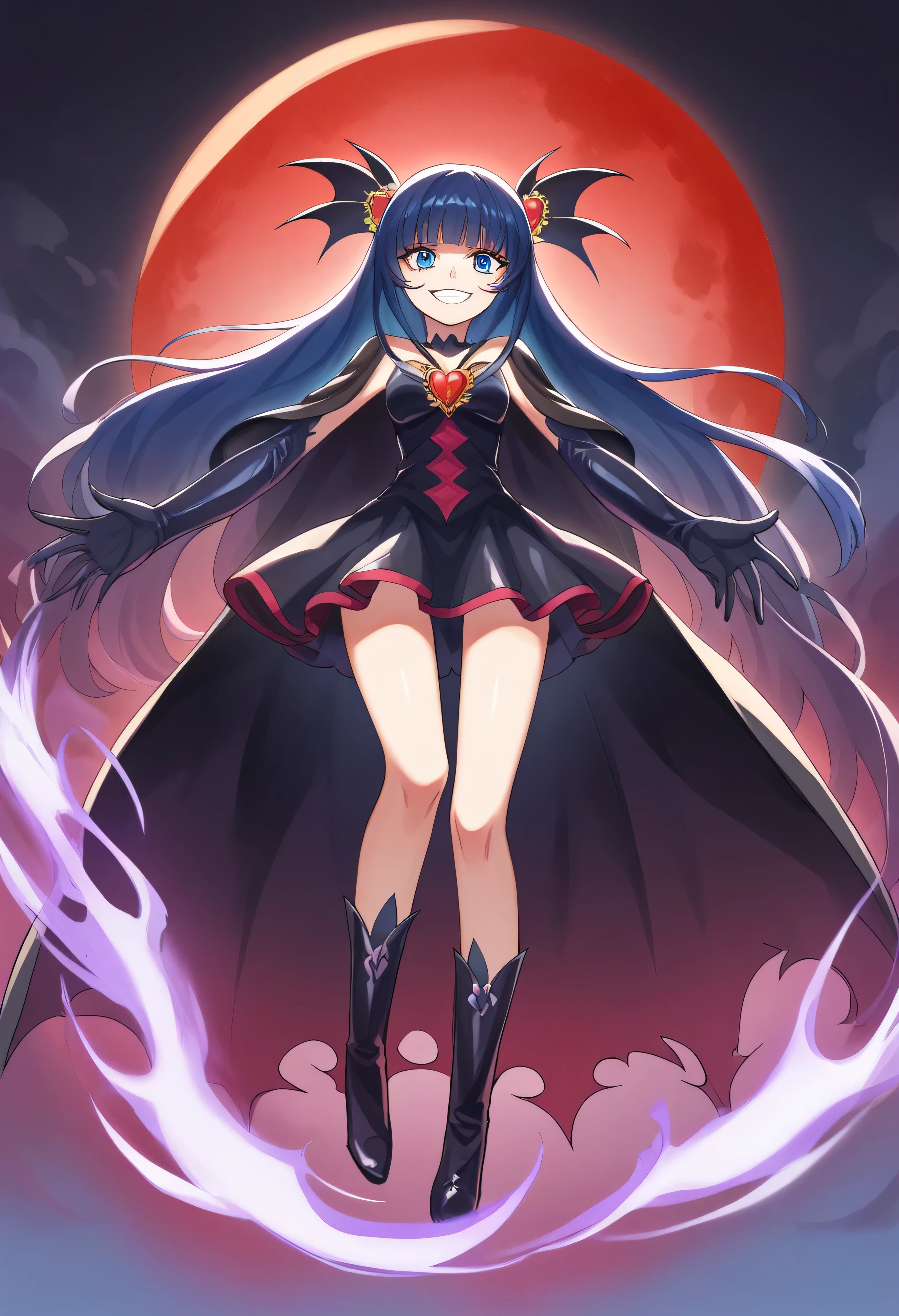 Highest quality, Very detailed,One Girl, alone, {cure_NULL_hirogaruNULLprecure:1.15}, Dark blue hair, Blue eyes, Blue flames in the eyes, Long Hair, Twin tails, Magical girl, bangs, Open your mouth, Redhead, multicoloRedhead, One Girl, blunt bangs, Darken your clothes, hair ornaments, Evil smile, devilish aura (Shiny fabric:1.5), Full Body Shot, Purple Gemstone, Charm, blush, (Beautiful attention to detail:1.6), Very detailed顔, Perfect lighting, Very detailedなCG, (Perfect hands, Perfect Anatomy), devil, Red and black color scheme, Shiny material, Grin, Black ribbon, black satin gloves, Evil clover leaf ornament, Black frills, jewelry, corruption, Latex Gloss, Black Gothic Cape, Evil smile, Dark World Background, Red Moon, cloudy NULL, CG Style, One-sided black wing,Dark shadow face,Sadistic smile,Malice,Contempt,smile,black