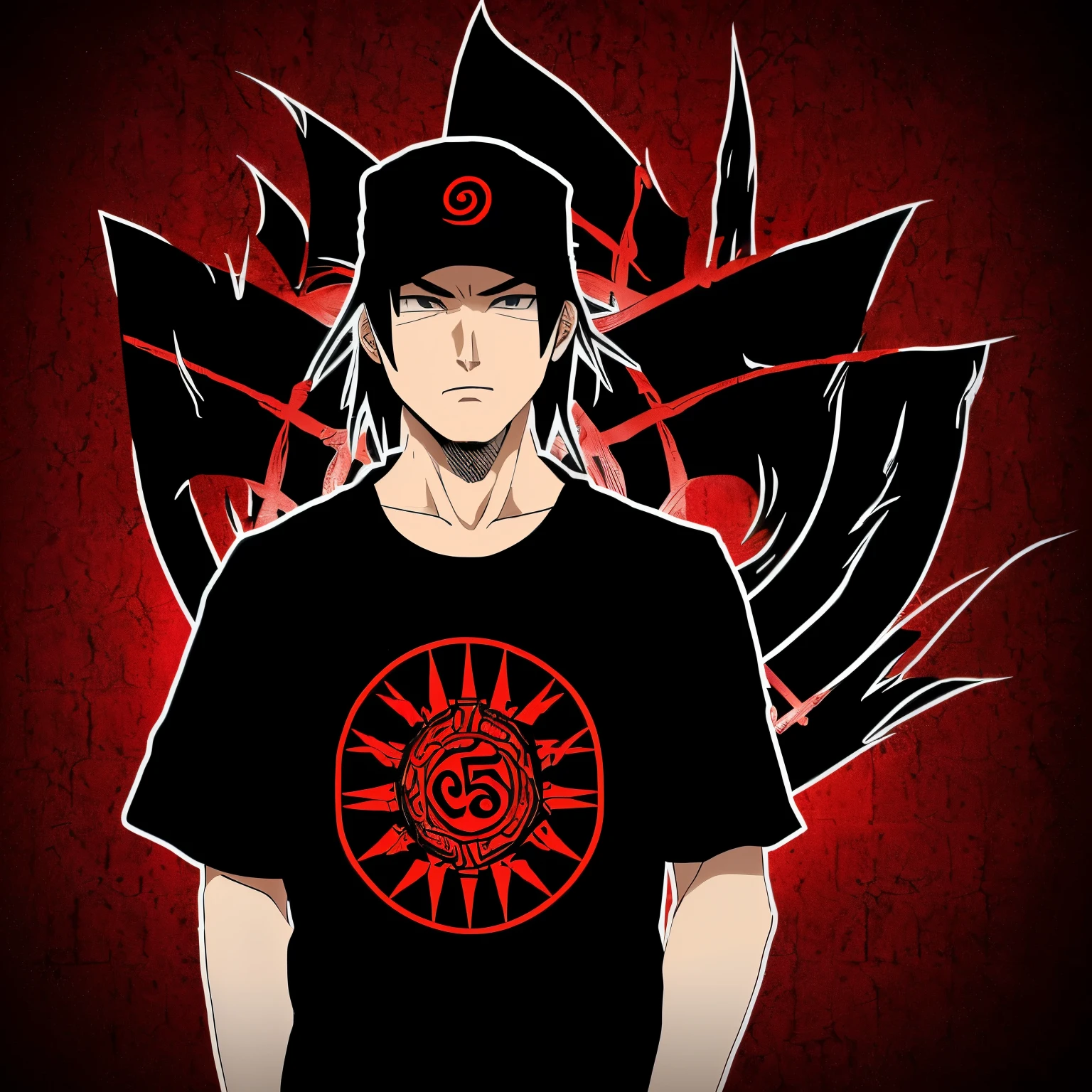 a man wearing a black shirt with a group of people on it, akatsuki akira, pain from naruto, tshirt design, no faces, shirt design, black t shirt, shinobi, inspired by Shunbaisai Hokuei, inspired by Sōtarō Yasui, t shirt design, t-shirt, t - shirt