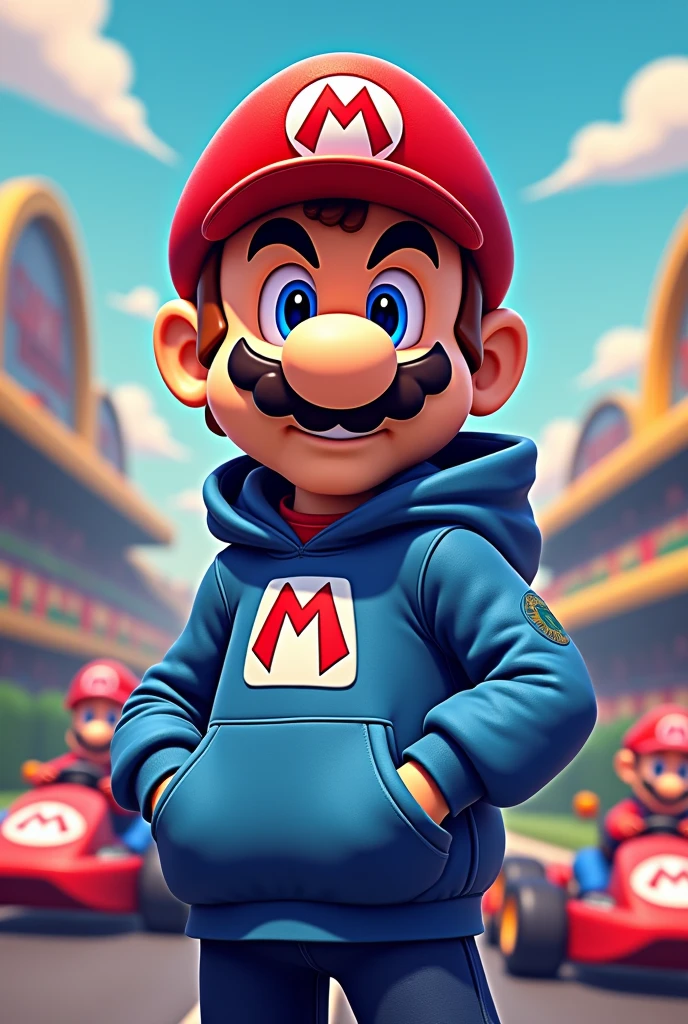 Make me a cool style Mario Bros cartoon using a trendy hoodie with a kart car background behind it