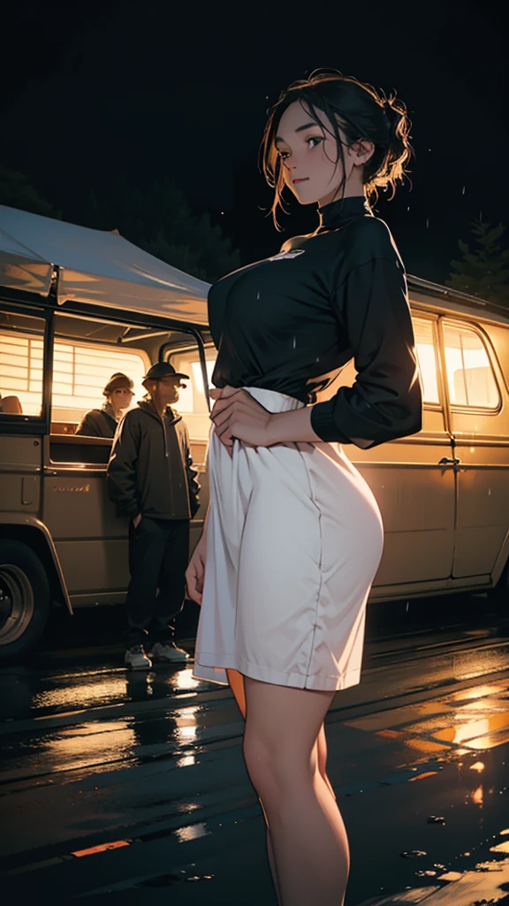 A young couple is camping on the mountain. The woman is wearing tight clothes. Her hips are big. She is passing by a vintage car. She is looking for water. It is raining. She is staying at night.