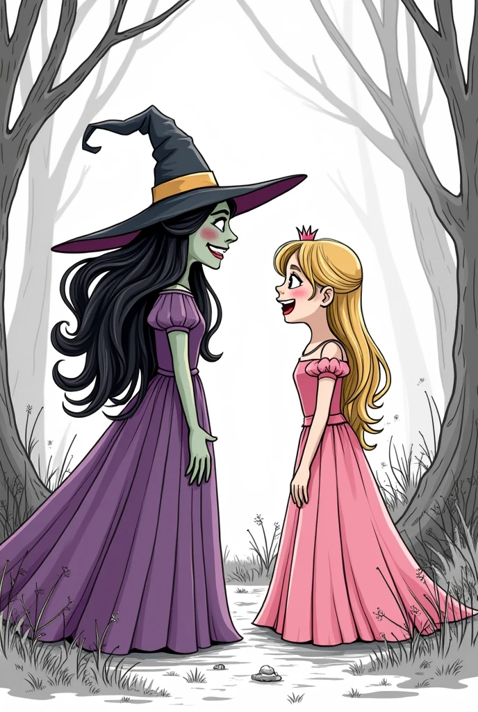 A scene of the witch in the purple dress and black hair who decided she could no longer bear the happiness of the princess in the pink dress and blonde hair. With a powerful spell, she cast a curse on Celeste: every time the princess smiled, something sad would happen in the kingdom. The joy began to slowly fade away, and the inhabitants of Eldoria were sad.
Black and white image style, cartoonized minimalist, hand drawing line, for coloring