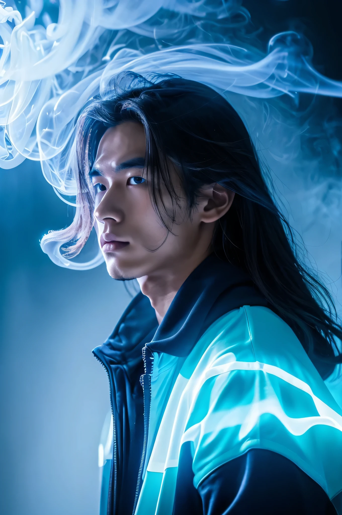 Mysterious charming image
skinny asian man with long hair 18 years old surrounded by thick electric smoke. The smoke is blue with white lightning strikes, translucent and billowing, creating an eerie and enchanting atmosphere. The man has an alluring gaze and wears a blue Adidas jacket. shimmering with mysterious energy. The backdrop is a dark void, with thick, electric smoke creating a sense of intrigue and otherworldly clarity. very detail