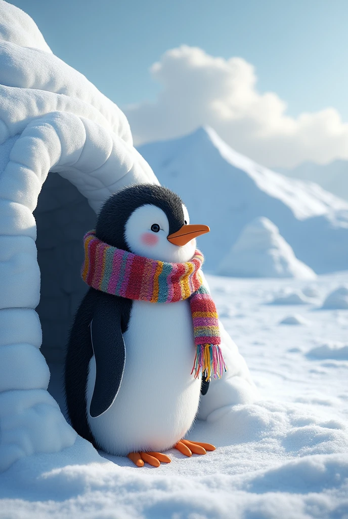 Papa penguin coming out of his igloo with a scarf to look outside