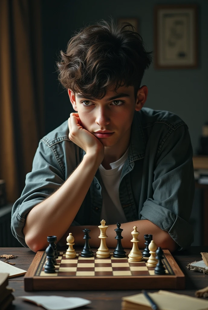 Can you create a profile picture for me where a teenage chess player is sitting thinking about life and how life is a game of chess?