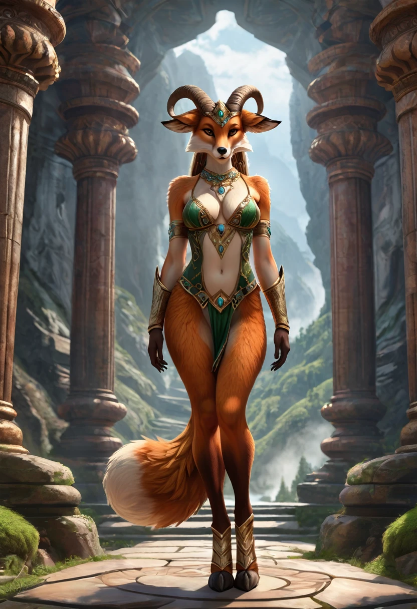 Anthropomorphic feminine fox-satyr enchantress. hooves. Official Art – An Award-Winning Digital Masterpiece In 4K Ultra HD, Extreme Detail And Intricate Realism. Symmetrical Face. This Concept Art Brought To Life By The Hands Of Artists Like Wlop & Artgerm In A Stunning 2D Vector Illustration. Background Is A Panoramic Vista.
