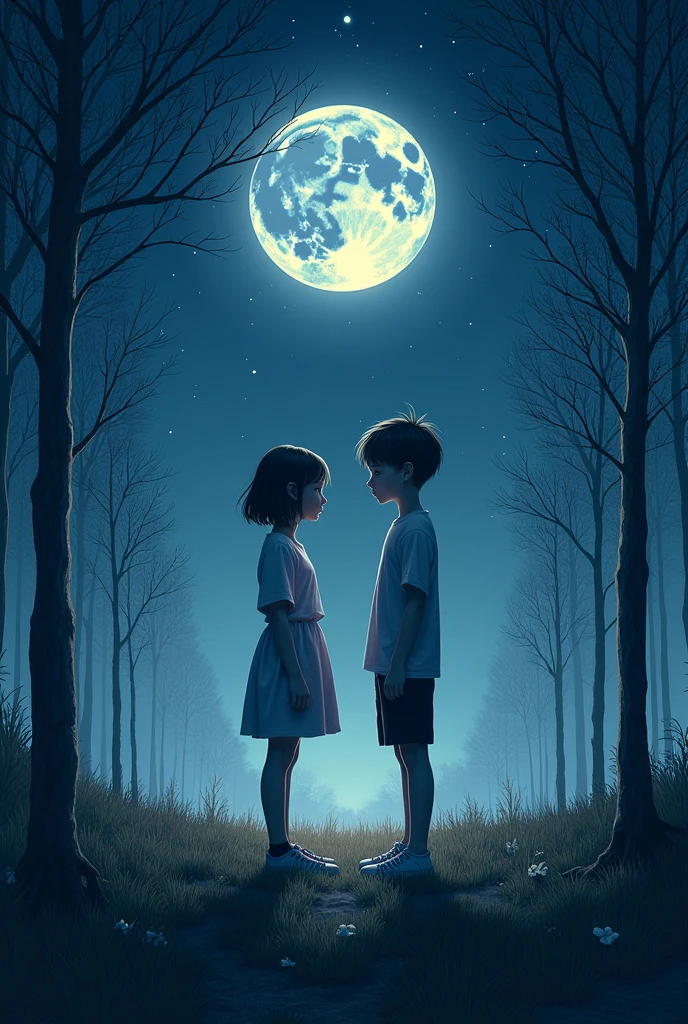 1 girl, 1 boy, face to face, Men are tall, women are short, women straight hair, Women's hair is not too long, men and women standing close together, casual clothes , poised posture, natural skin, standing on the grass 
BREAK
Galaxy stars night, (rim lighting):1.2, cold tones, lots of stars in the sky, soft shadows, dark colors , Sharp effect, horror atmosphere, dark blue effect, the sky galaxy
BREAK
open nature, many tall dry tree, quiet nature, Moonlit nature, peaceful ambiance, ultra detailed, official art, unity 8k wallpaper
, zentangle, mandala