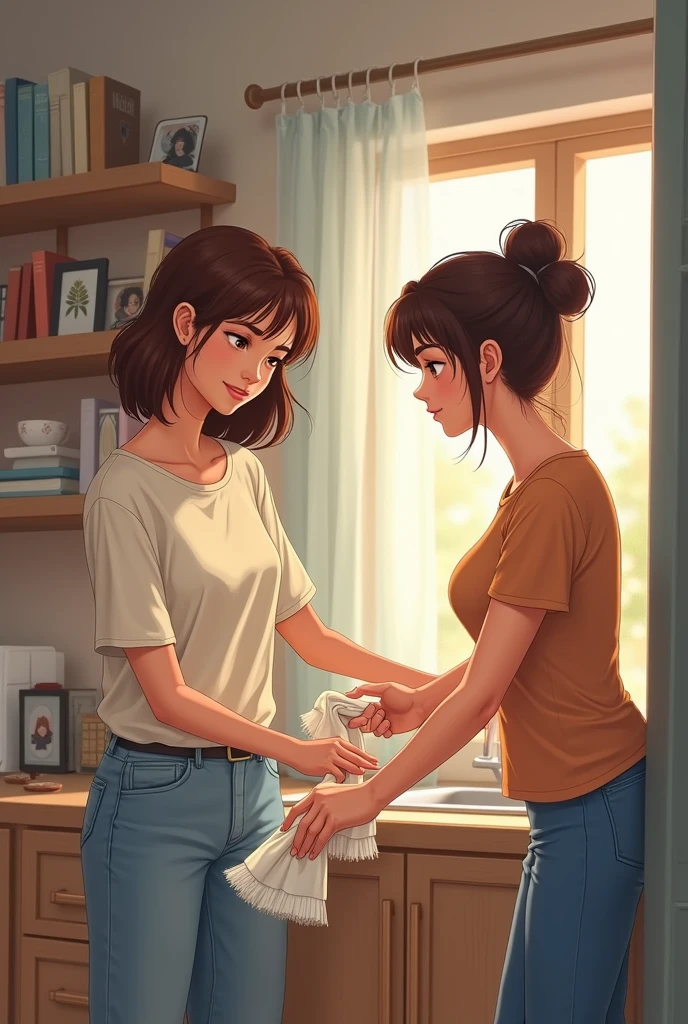 A brown-haired teenage girl helping her mother clean the house 