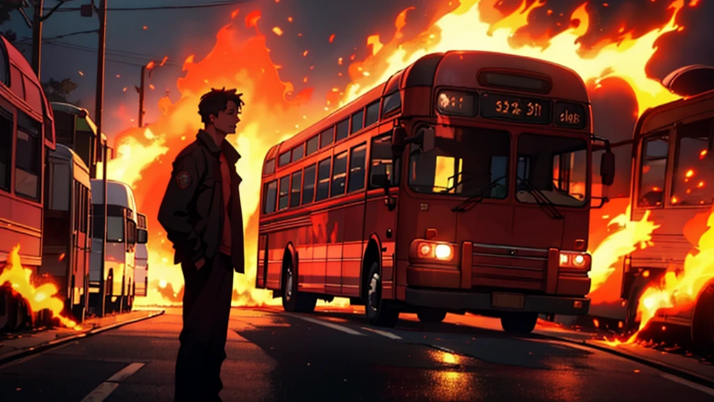 There is a man standing on top of a truck that is on fire., bus on fire, trailer, Infierno de choque de bus on fire, burning scene in the background, still from riverdale, horror scene