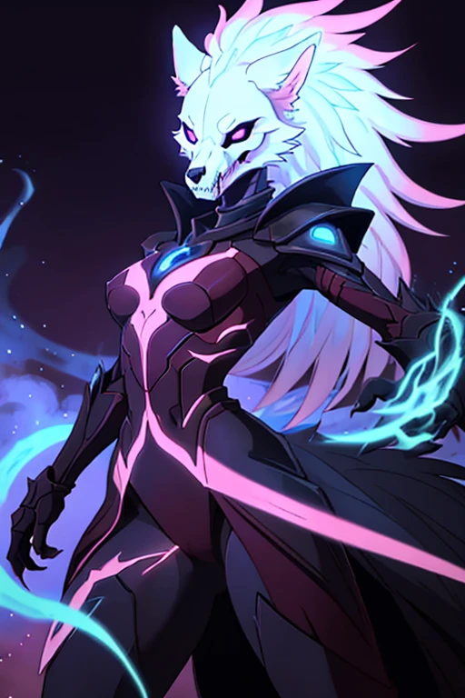 She is an imposing and enigmatic figure, a woman whose body mixes flesh, bone and energy in a macabre and fascinating fusion. Its wolf form reveals a white coat, once dense and majestic, now largely worn away, leaving parts of his skeletal body visible. The exposed bones, of a dark and gloomy tone, form a structure that appears both threatening and delicate, with sharp claws that reflect a ghostly light.
Her wolf-like face has feminine features, but there is something inhuman and distant in his expression. empty eyes, like the orbits of a skull, glow with an incandescent pink energy, a color that also pulsates in its partially visible organs, as if the heart and lungs had been replaced by pure mystical energy. The skin that remains is pale, almost translucent, covered in veins that radiate the same pink luminosity, creating a hypnotic contrast with the black of his bones.
In the parts where the white fur still resists, she is thin and rarefied, almost like fog, offering just a glimpse of what was once. Your ears, sharp and worn, still maintain the wolf form, while its tail, long and elegant, moves with supernatural grace, framed by the pink light that runs down your spine.
The creature you see is not just a physical being, but an entity made partially of pure energy, a fusion between the realm of the living and the dead. The energy that keeps her standing seems unstable, flowing and vibrating in rhythms that are at once beautiful and terrible. She walks between worlds, a being that has transcended its original form, but which carries the scars and power of its former existence.