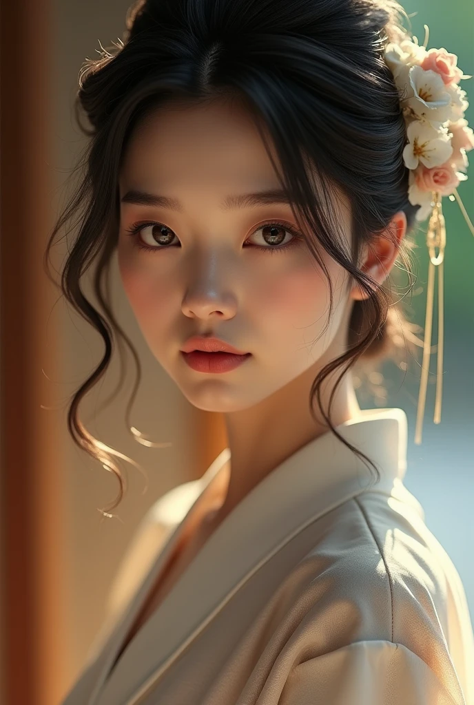 An elegantly dressed Japanese woman in natural light、A close-up of her chest and calm expression.、It shows her inner peace and outer charm.。